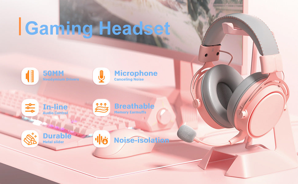 Pink Headphones with Mic, Surround Sound Wired Gamer Headsets