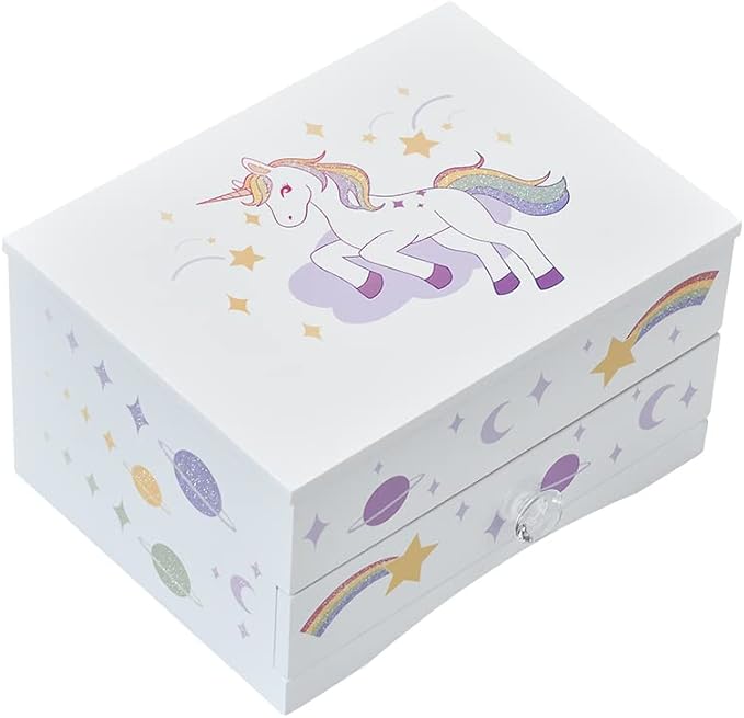 This stylish Unicorn music box is great Décor for young girls' room, Jewelry Storage Box with Glittery Unicorn and Rainbows Design - Charming Room Décor and Childhood Memories Keepsake Box
