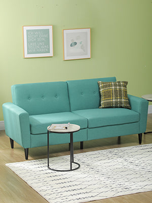 Mid-Century Sofa, Couch with Button-Tufted Back Cushion, Velvet Feel Fabric Upholstery, 2 Cylindrical Pillows and Rubber Wood Legs, Dark