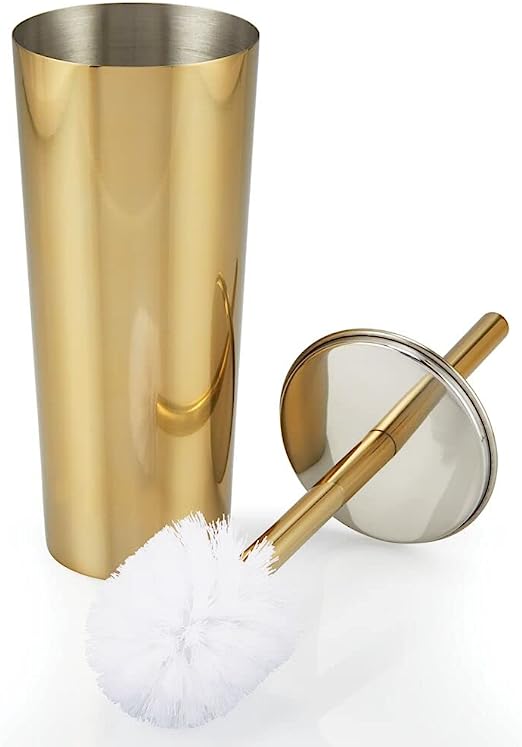 Luxury Toilet Brush Holder for bathrooms 304 Stainless Steel Toilet Brush Stand Round Storage and Organization Rust Resistant 18-inch high Polished Gold Finished