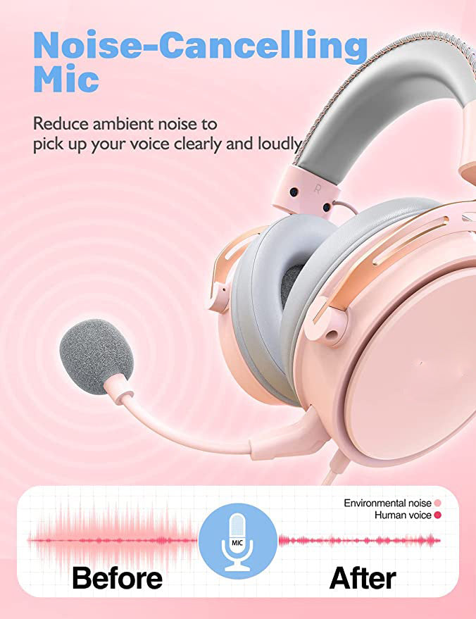Pink Headphones with Mic, Surround Sound Wired Gamer Headsets