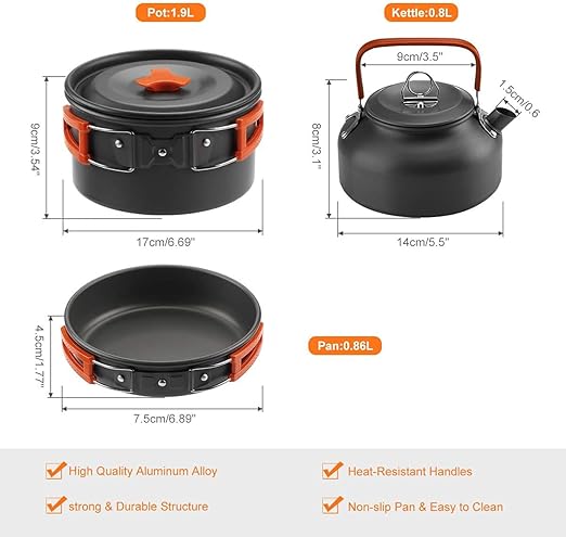 [Safe Material&Anti-Burn Protection]: This camping cookware made of non-toxic anodized aluminum and stainless steel,  Camping Cookware Set, Lightweight