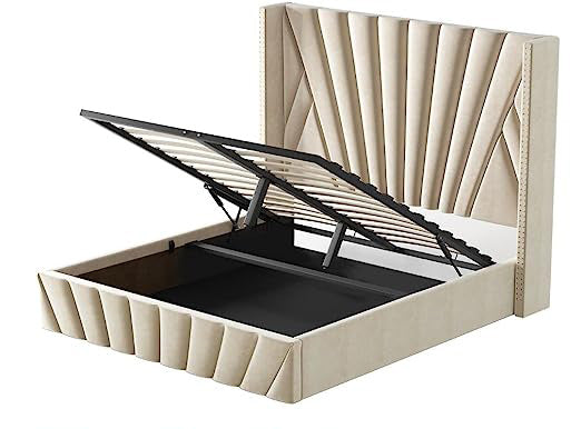 Upholstered Tufted Storage Bed, Foam Filled Fabric, Low Profile Platform, Metal Bed Frame with High Headboard
