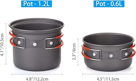 Foldable handles on pot or stove can be folded to save space. Small size and portable, Mess Kit with Lightweight Pot, Stove, Spork and Carry Mesh Bag,
