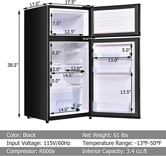 Mini Fridge with Freezer, 3.4 Cu.Ft Compact Refrigerator/Freezer Cooler w/ 7 Settings Temperature Adjustable, Removable Shelves & 2 Doors, Mini Fridge for Bedroom/Dorm/Apartment/Office (White)