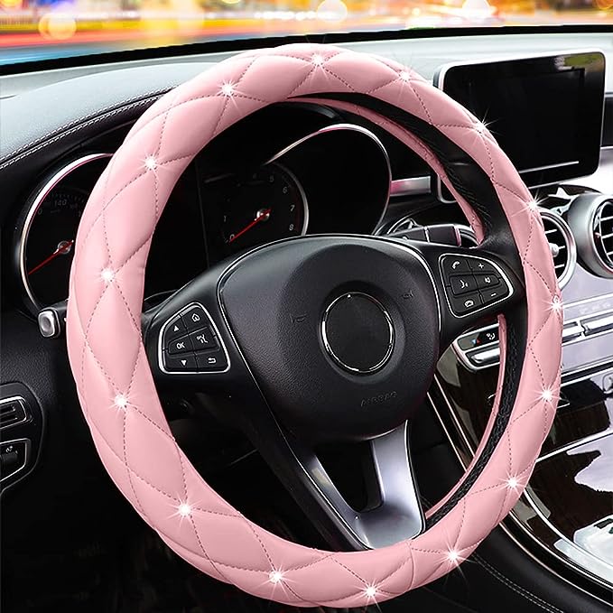 Soft Light Diamond, Leather Anti-Slip Steering Wheel,  Universal 15 Inch for all cars, The crystal are shining enough. Make your car become more delicate.it's so beautiful and shiny even in the dark any light just makes it bling even more.