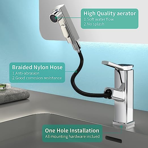 Single Hole Bathroom Faucet, Fountain Bathroom Faucets with Sprayer, Single Handle Pull Out Bathroom Sink Faucet with 3 Water Flow Modes (Chrome, Regular)