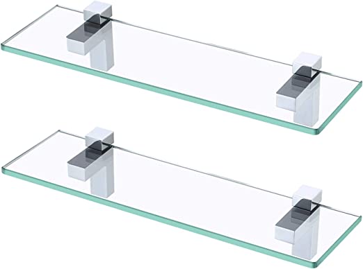 Bathroom Wall Shelf with Tempered Glass Wall Mounted, Matte Black, 2 Pack