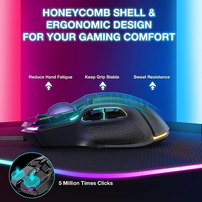 Gaming Mice with 12 RGB Backlit, High-Precision 12800 DPI, Redragon M908 gaming mouse is an essential computer accessory for die-hard gamers with its aggressive design for hands! You will be amazed by the unmatched comfort,