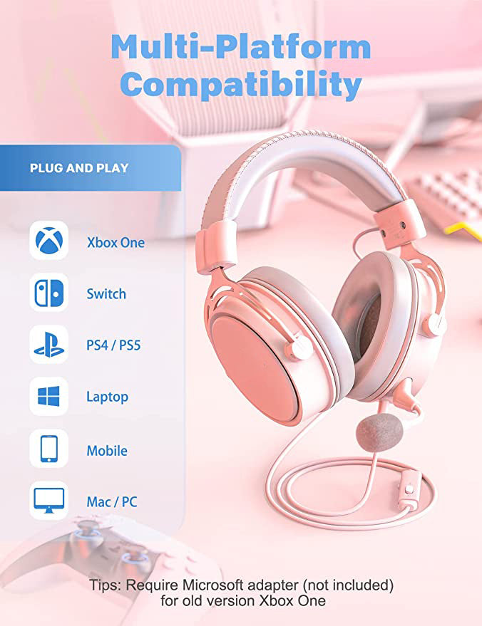 Pink Headphones with Mic, Surround Sound Wired Gamer Headsets