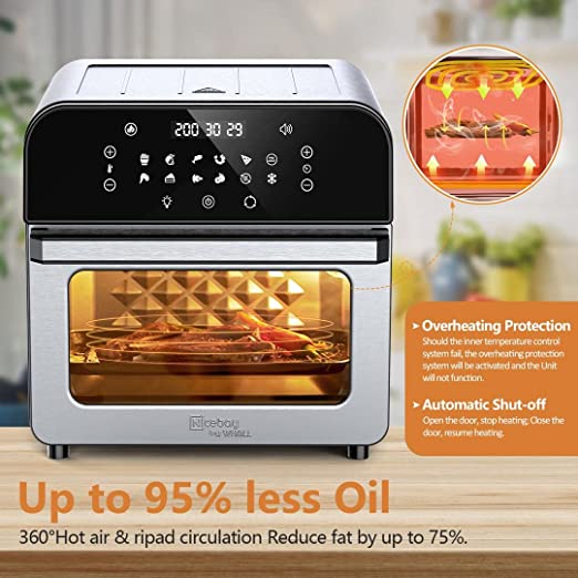 Whall Air Fryer,12 In-1 12QT Air Fryer Toaster Oven for Rotisserie, Roast, Bake and Dehydrate, Stainless Steel AirFryer with 12 Cooking & 5 Security Presets, Digital Touchscreen, Accessories & Recipes