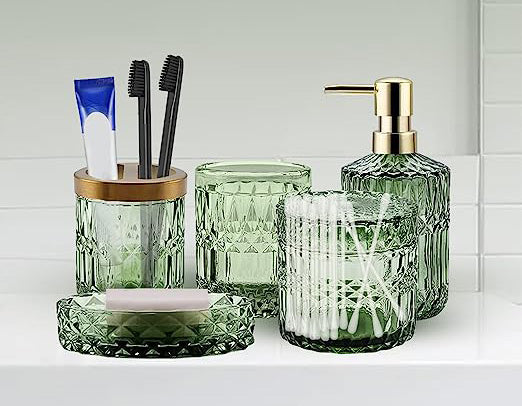 Bathroom Accessories Set, Includes Lotion Dispenser, Soap Dish, Toothbrush Holder, Tumbler, Cotton Swab Jar, Bathroom Decoration