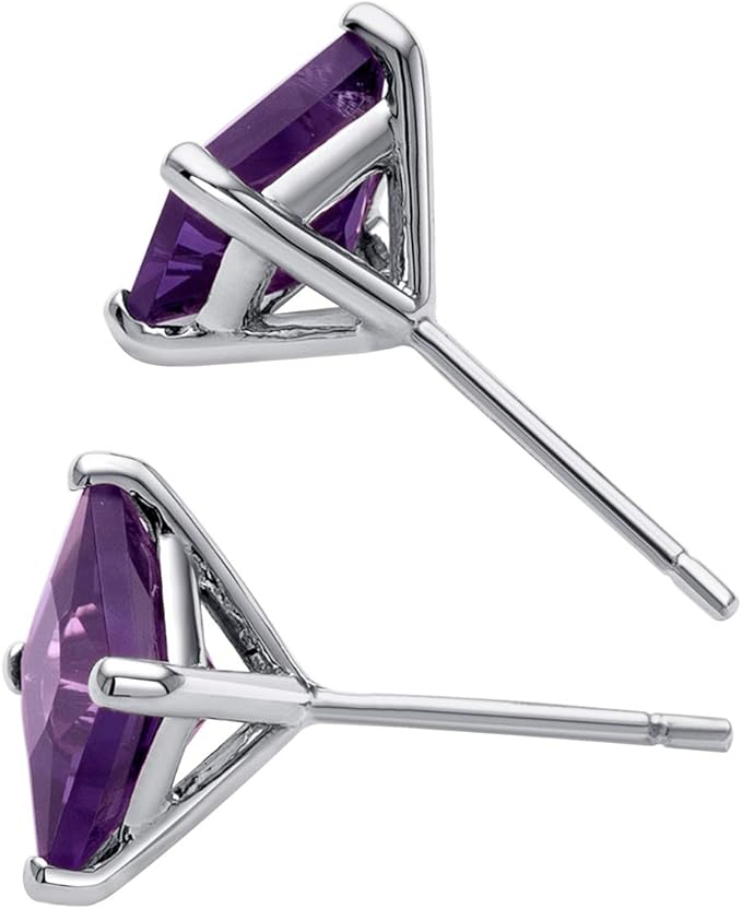 Genujine Gemstone Birthstone Classic Solitaire Princess Cut, Set in a classic 4-prong 14K White Gold Earring solitaire style,