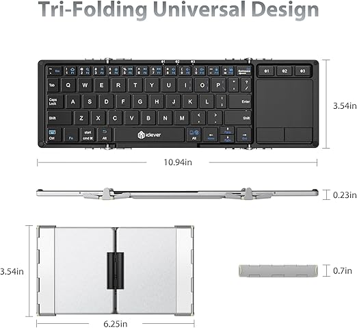 works seamlessly with various operating systems including Windows, macOS, Android, Samsung, tablets, smartphones and laptops, Bluetooth Keyboard, BK08 Portable Folding Keyboard with Touchpad (Sync Up to 3 Devices), Pocket-Sized Tri-f