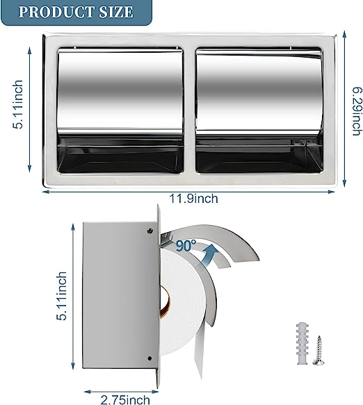 Dual Roll Toilet Paper Holder, Shelf Rust-Proof Stainless Steel Facial Tissue Dispenser Wall Mounted, SIlver