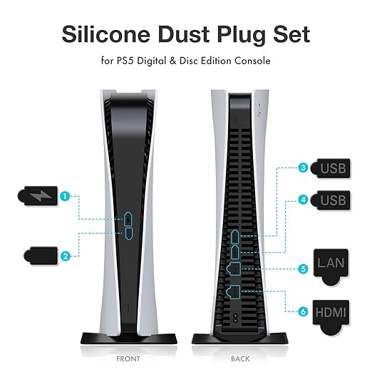 Reusable and high durability materials of nylon and silicone are used for dust-proof net and plug. PS5 Dust Cover Set, PS5 Port Plugs + PS5 Fan Dust Filter, PS5 Dust Protector Cover Kit, Breathable Mesh Dust Cover for PS5
