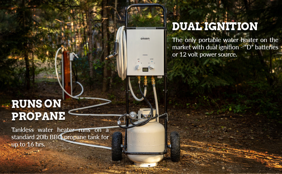Onsen - 5L Portable Tankless Propane Water Heater - Dual Ignition System - Instant Hot Water - for Camping & Outdoor Use Only - with LED Screen, Premium Shower Head, & 12-Volt Alligator Clips