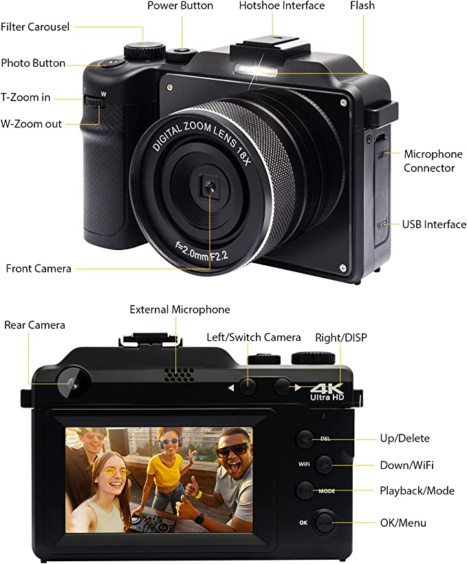 Digital Camera 4K Video Camera Compact Camera 48MP YouTube Camera Rechargeable 8X Digital Zoom Beginner Pocket Camera Black
