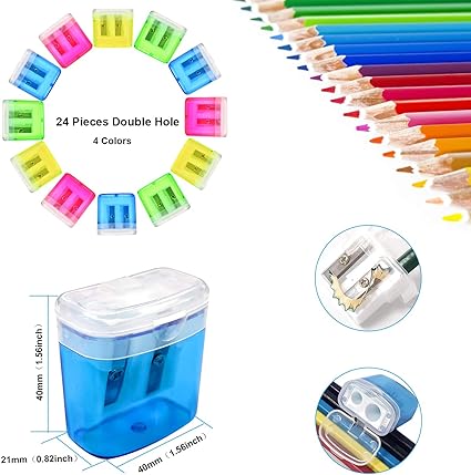 shaving pencils and crayons of large or small diameters, one sharpener can solve all problems, convenient and efficient tool for working and studying, 24 Pack Hand Held Colored Pencil Sharpener Dual Hole with Lid for School Class