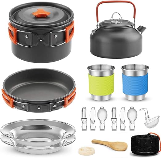 [Safe Material&Anti-Burn Protection]: This camping cookware made of non-toxic anodized aluminum and stainless steel,  Camping Cookware Set, Lightweight