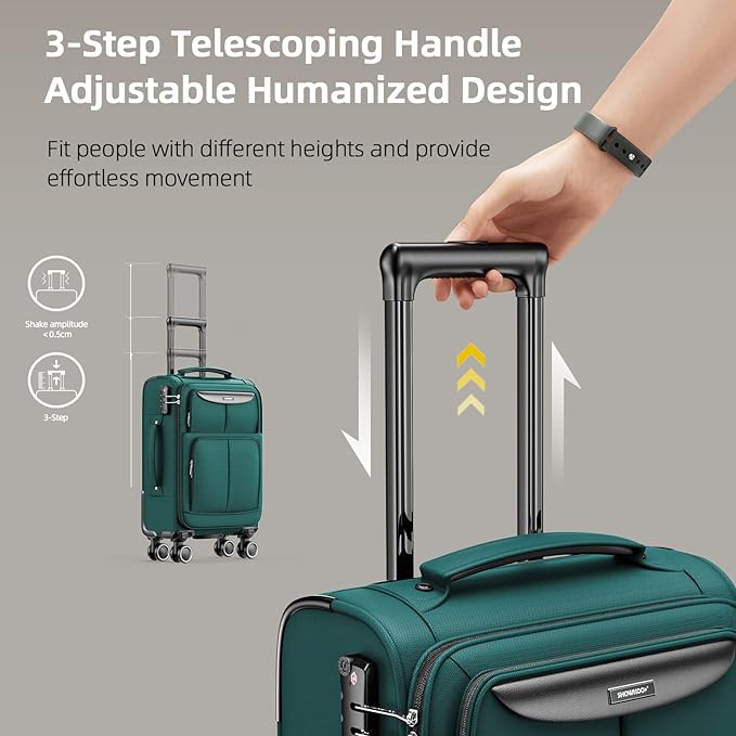 waterproof, high abrasion resistance to keep the softside softshell luggage beautiful. 20 inch is the most suitable to carry around,  the luggage is lightweight and built to last. Made of polyester fabric,
