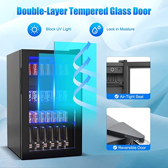 120 Can Mini Fridge with Glass Door, Removable Shelves for Soda Beer Wine