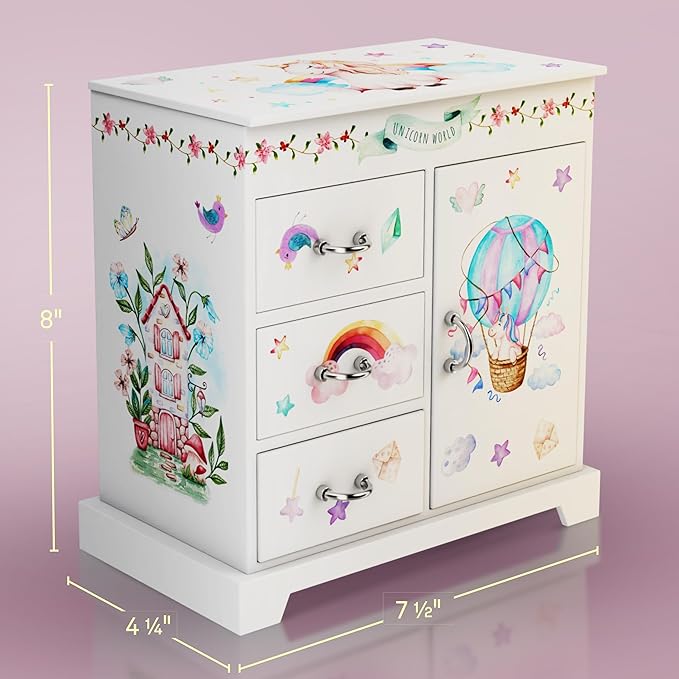 Musical Jewelry Chest. Decorated with whimsical unicorn-themed art, Box for Kids - Unicorn Gifts for Girls, Ages 3-8, Best Princess Room