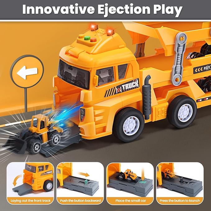 Ejection Play, Carrier Playset W/Sound& Lights, 6 Mini Alloy Engineering Trucks, Education Car Gift Toys