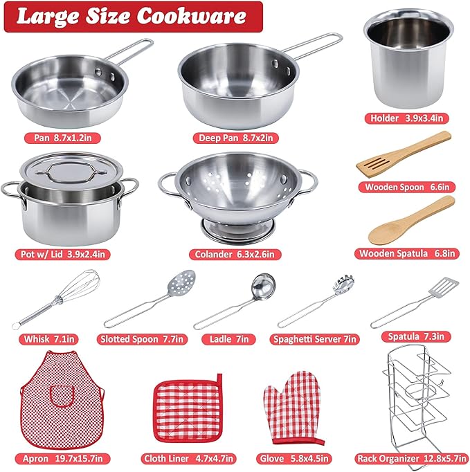 32 Items Stainless Steel Toy Pots and Pans Sets w/Rack Organizer, Metal Cooking Utensils & Holder, Apron Play Food Basket for Kids Girls Boys