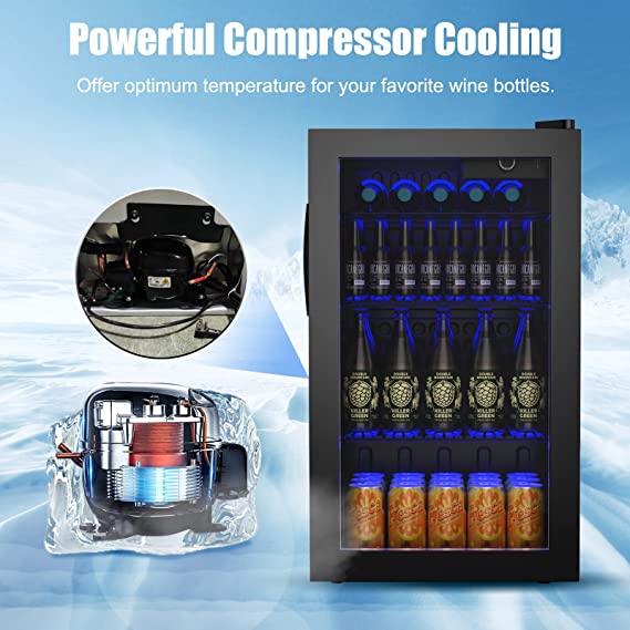 120 Can Mini Fridge with Glass Door, Removable Shelves for Soda Beer Wine