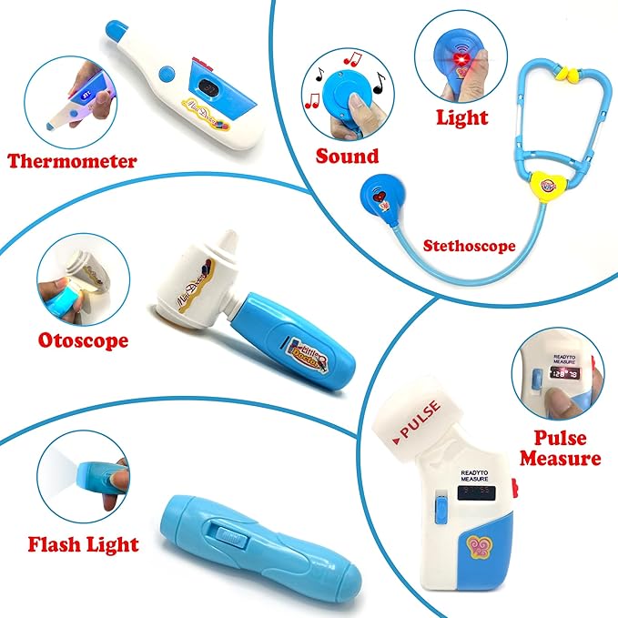 doctor kit for kids 3-5, fostering organization and responsibility.Play Set with Dentist Kit for Kids, Name Tag, Doctor Book, Stethoscope, Pulse Meter, Thermometer,