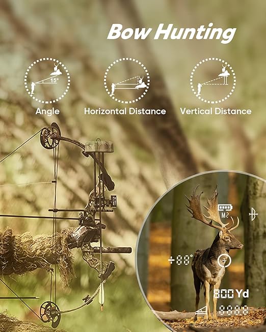 This hunting rangefinder can measure 5 to 800 yards with the latest laser technology for fast shooting.  Horizontal Distance, Angle Measuring, 800 Yards Laser Range Finder,