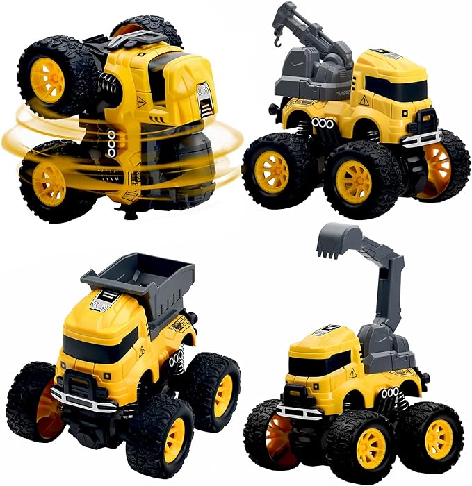 Dump Trucks Toy | Push and Go Friction Powered Cars Stunt Vehicles Playset | Kids Birthday Party Favors Gifts, Monster Truck Toys - 4pcs Excavator,