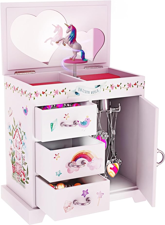 Musical Jewelry Chest. Decorated with whimsical unicorn-themed art, Box for Kids - Unicorn Gifts for Girls, Ages 3-8, Best Princess Room