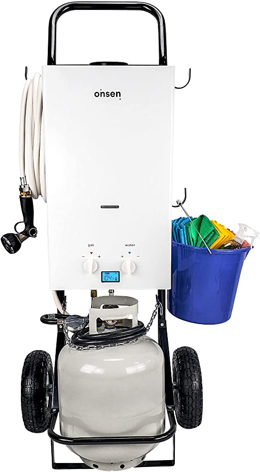 Onsen - 10L Portable Tankless Propane Water Heater w/Hand Cart - Dual Ignition - Instant Hot Water - Mobile Hot Water Washing Station - Pet Grooming - Horse Stables - Hunting Camp - Camping