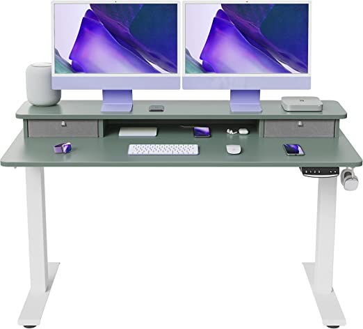 Desk with Double Drawer,Height Adjustable Electric Standing,55 x 24 Inch Stand Up,Splice Board