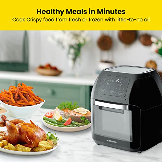 Chefman Multifunctional Digital Air Fryer+ Rotisserie, Dehydrator, Convection Oven, 17 Touch Screen Presets Fry, Roast, Dehydrate & Bake, Auto Shutoff, Accessories Included, XL 10L Family Size, Black