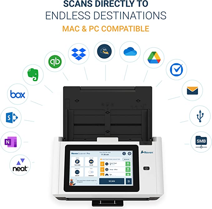 Raven Pro Document Scanner - Huge LCD Touchscreen, High Speed Color Duplex Feeder (ADF), Wireless Scan to Cloud, WiFi, Ethernet, USB, Home or Office