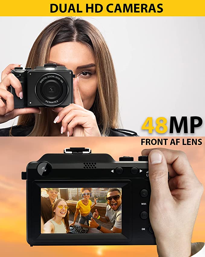 Digital Camera 4K Video Camera Compact Camera 48MP YouTube Camera Rechargeable 8X Digital Zoom Beginner Pocket Camera Black