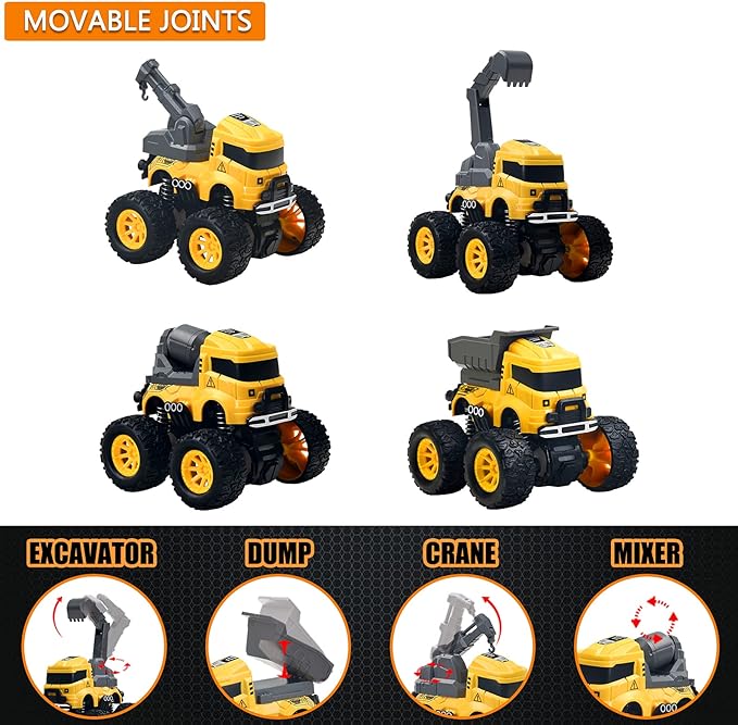 Dump Trucks Toy | Push and Go Friction Powered Cars Stunt Vehicles Playset | Kids Birthday Party Favors Gifts, Monster Truck Toys - 4pcs Excavator,