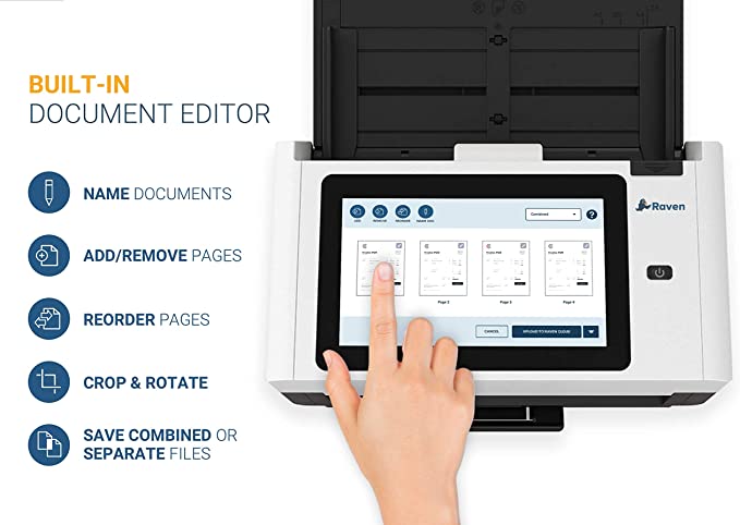 Raven Pro Document Scanner - Huge LCD Touchscreen, High Speed Color Duplex Feeder (ADF), Wireless Scan to Cloud, WiFi, Ethernet, USB, Home or Office