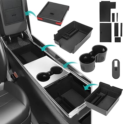 Accessories- Armrest Storage Tray and Hidden Storage Box, Cup Holder, Webcam Cover Tesla Center 7 Pcs