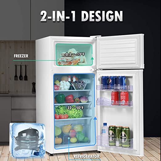Mini Fridge with Freezer, 3.4 Cu.Ft Compact Refrigerator/Freezer Cooler w/ 7 Settings Temperature Adjustable, Removable Shelves & 2 Doors, Mini Fridge for Bedroom