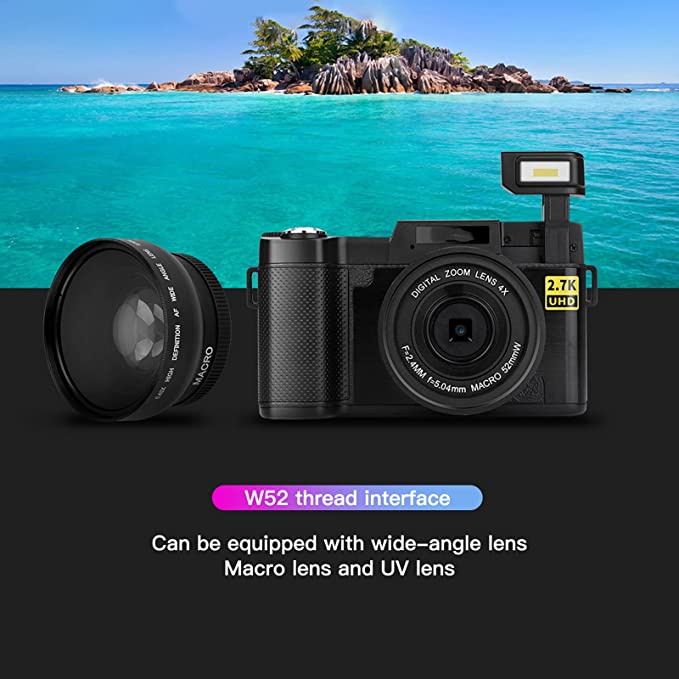 Digital Camera Vlogging Camera with 3" 180 Degree Rotation Flip LCD Screen, Full HD 2.7K 48MP Vlog Camera Camcorder Builtin 800mAh Battery