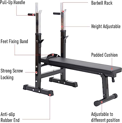 Olympic Folding Weight Bench with Squat Rack Workout Bench Adjustable Barbell Rack Stand Strength Training Home Gym Multi-Function