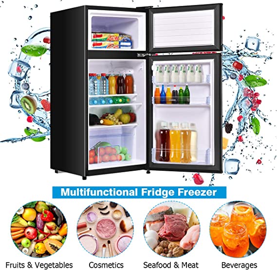 Mini Fridge with Freezer, 3.4 Cu.Ft Compact Refrigerator/Freezer Cooler w/ 7 Settings Temperature Adjustable, Removable Shelves & 2 Doors, Mini Fridge for Bedroom/Dorm/Apartment/Office (White)