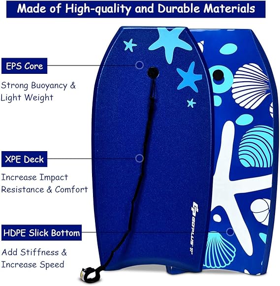 Lightweight Bodyboard with EPS Core, XPE Deck, HDPE Slick Bottom, EPS core is weather resistant, waterproof and shock absorbing.