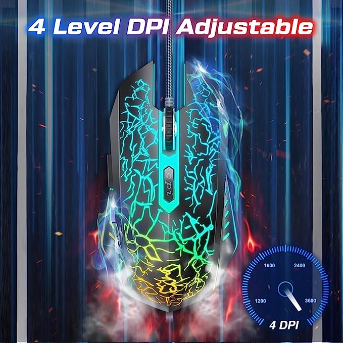 Wired Gaming Mice with 7 Colors LED Backlight,  800/1200/1600/2400 Four level DPI can easily change the cursor sensitivity according to your activities. You can adjust to the most comfortable speed as you like .