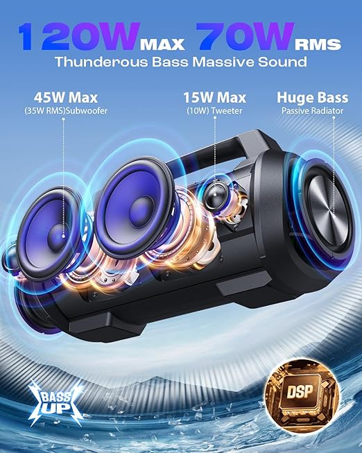 The dual 45W ultra vibration moving coil subwoofers deliver monstrous bass and resonate deep within your chest, Waterproof Outdoor Bluetooth Speaker Wireless, Deep Bass/42H/Stereo Pairing/EQ/TF/AUX/Power Bank/Mic Slot/RGB