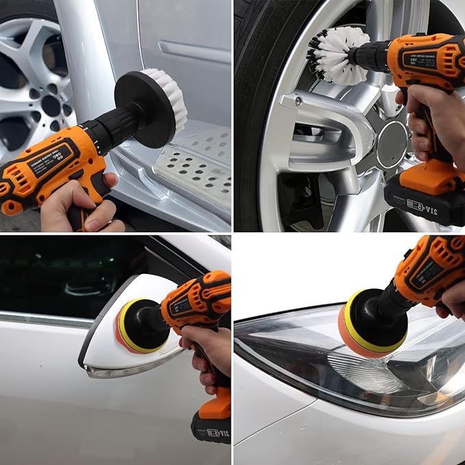 , 3 wire brush (steel/ brass/ nylon), 2 flat sponge pad, 2 wave sponge pad, 2 air vent brush, 1 suction cup+ rods.  19 Pack Automotive Cleaning Brush Kit